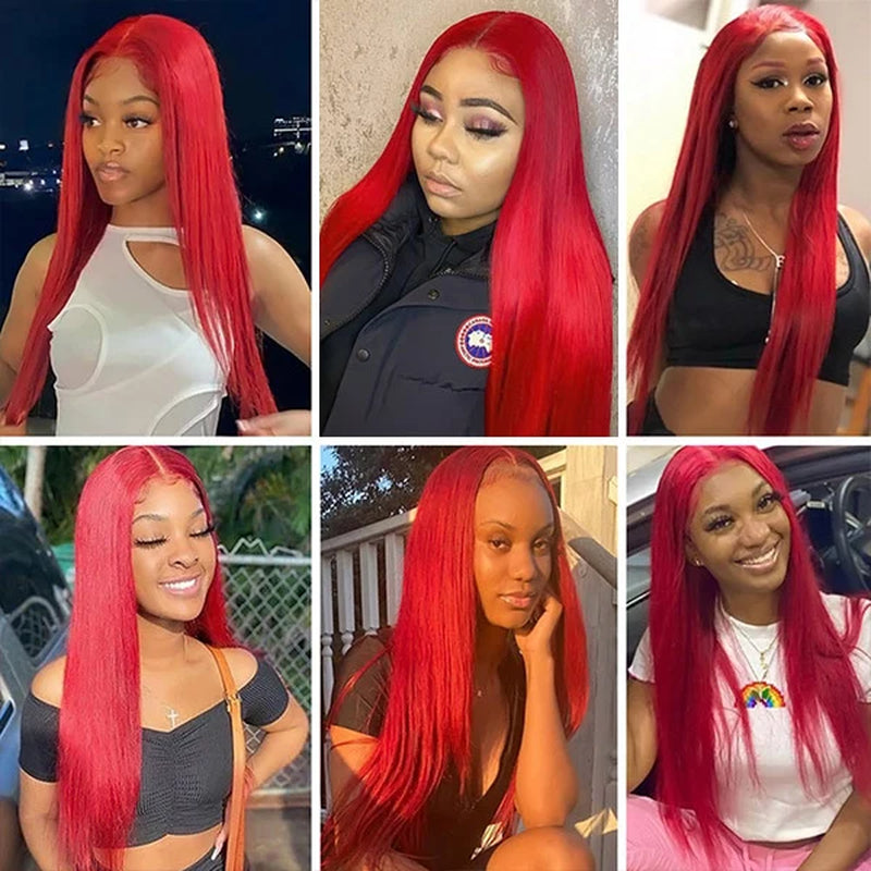 Red Human Hair Wigs Straight Lace Front Wigs HD Lace Frontal Wigs 30 Inch Long Wig