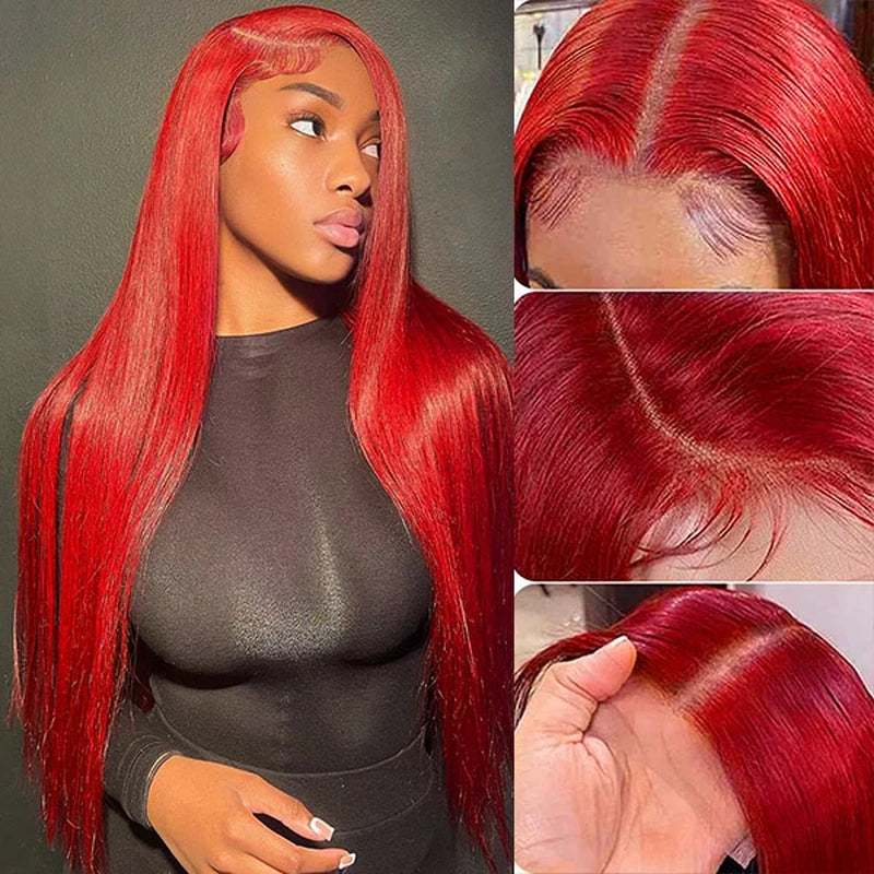 Red Human Hair Wigs Straight Lace Front Wigs HD Lace Frontal Wigs 30 Inch Long Wig