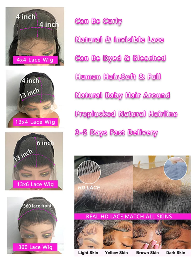 30 40 Inch 13X4 13X6 Straight Lace Frontal Wigs 360 Front Human Hair Wig 4X4 5X5 Closure Wig Pre Plucked for Women 250 Density