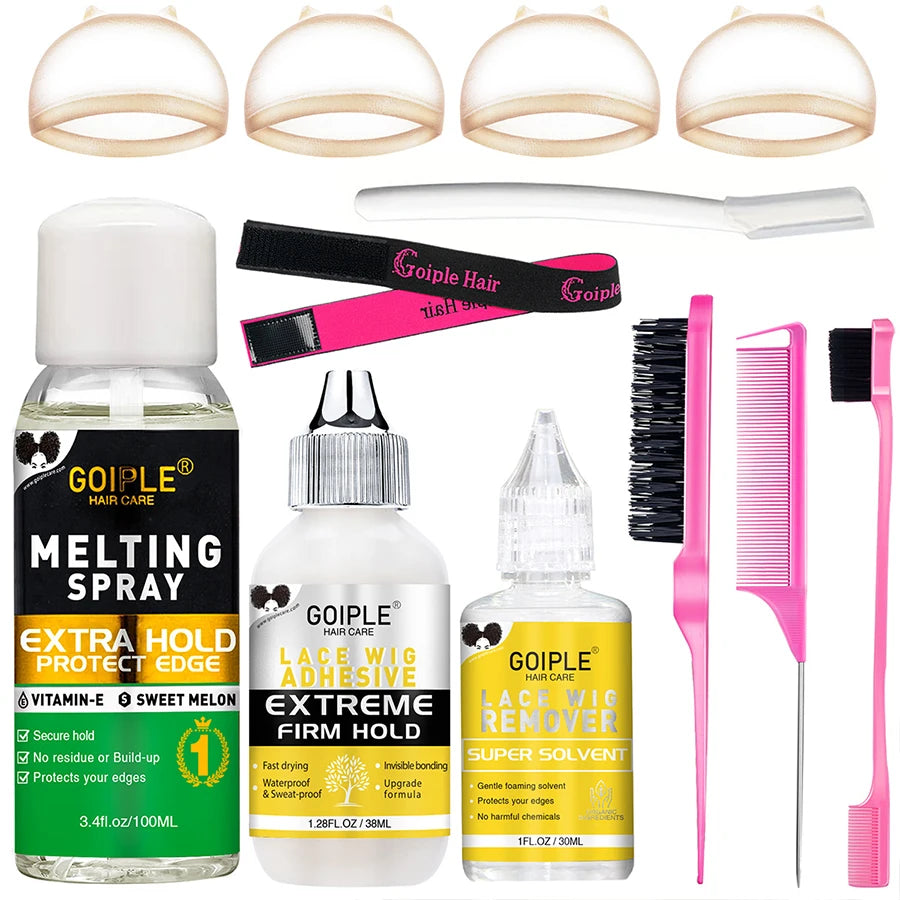 Wig Installation Kit Set Waterproof Lace Glue with Edge Control Gel Hair Wax Stick Hair Banding Glue Wig Supplies Tools