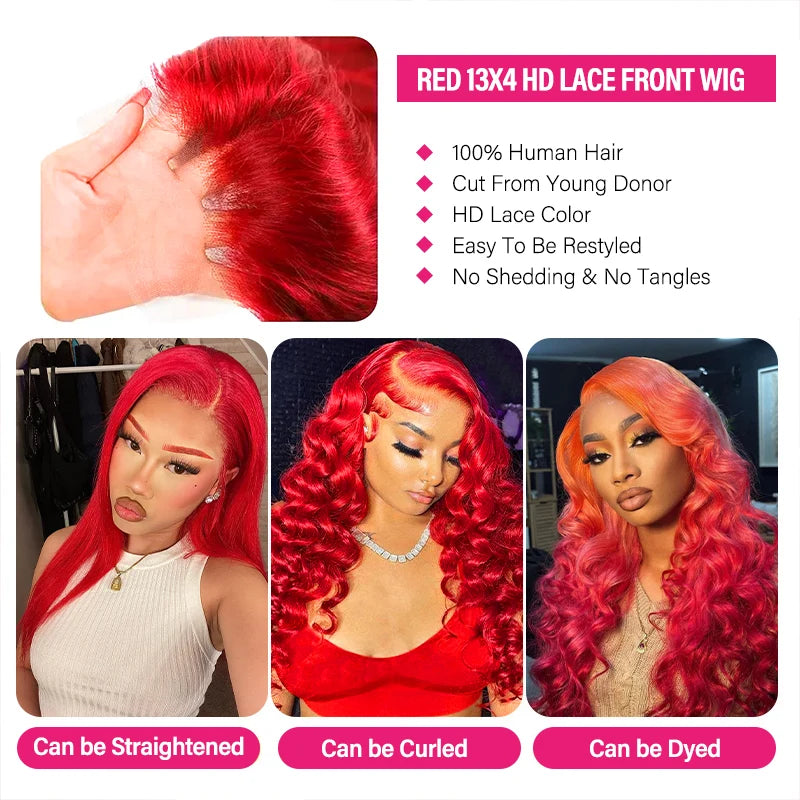 Ishow Red Lace Front Wigs Body Wave Wig 13X4 HD Lace Frontal Wigs Transparent Lace Wigs