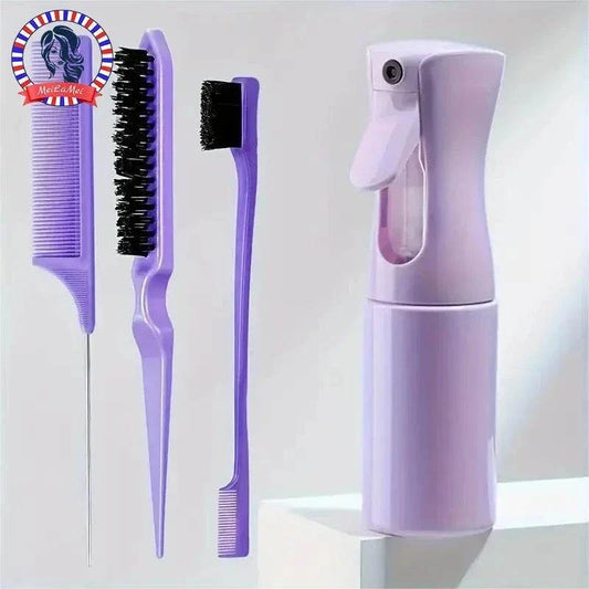 Velisse Hair 4-piece hairdressing tools set with spray bottle, rat tail comb, teasing brush, and edge comb for styling and hair care