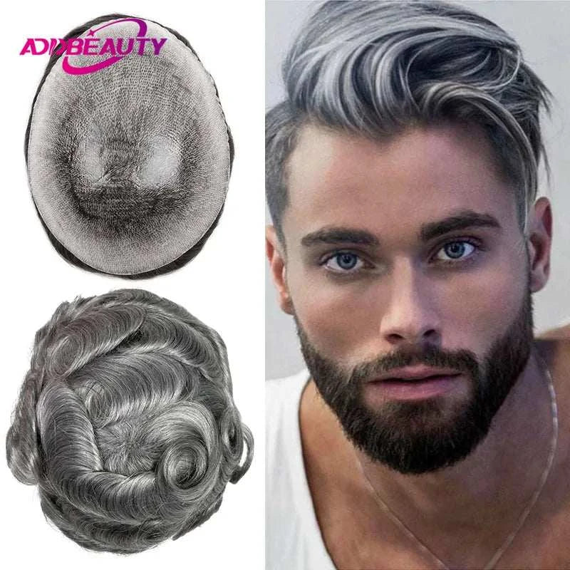 Men toupee human hair full PU capillary prosthesis with natural Indian Remy hair and knots