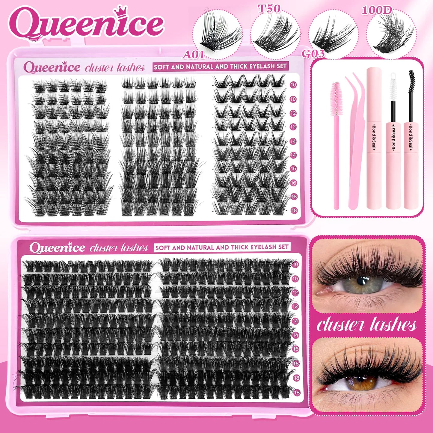 DIY Lash Extension Kit Clusters Individual Eyelashes Kit 9-16mm with Bond and Seal Wispy Natural Mange Lashes
