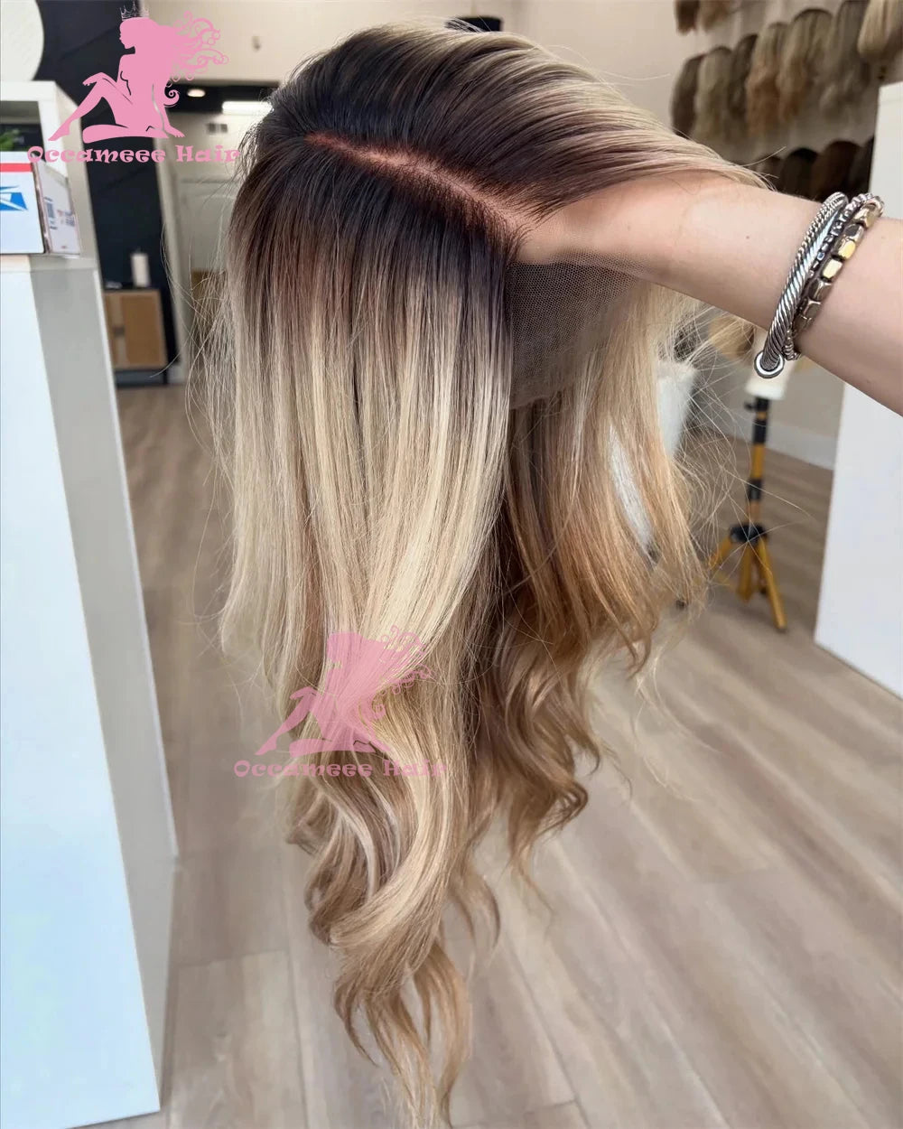 Lace Front Human Hair Wig Body Wave Ombre Ash Brown Blonde Highlight Lace Frontal Wig Women's Wig Dark Roots Colored Human Hair