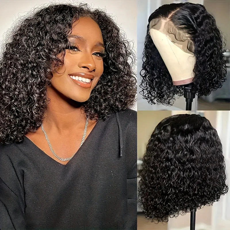 13X4 Lace Front Wig, Real Human Hair, 150% Density, Glue-Free, Ready-To-Wear, Deep Wave/Curly Bob, Versatile and Suitable for Multiple Occasions