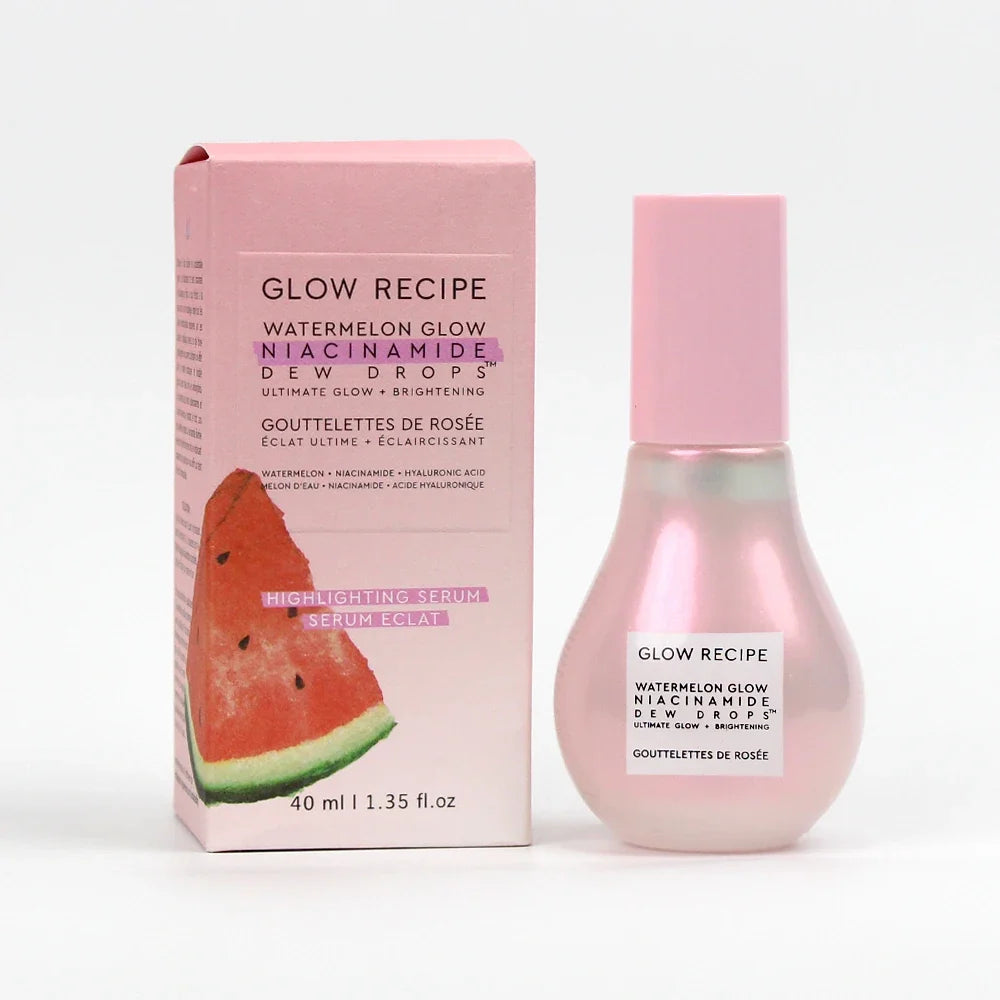Natural moisturizing serum bottle with glowing skin background and watermelon ingredients for hydrating and anti-aging face glow