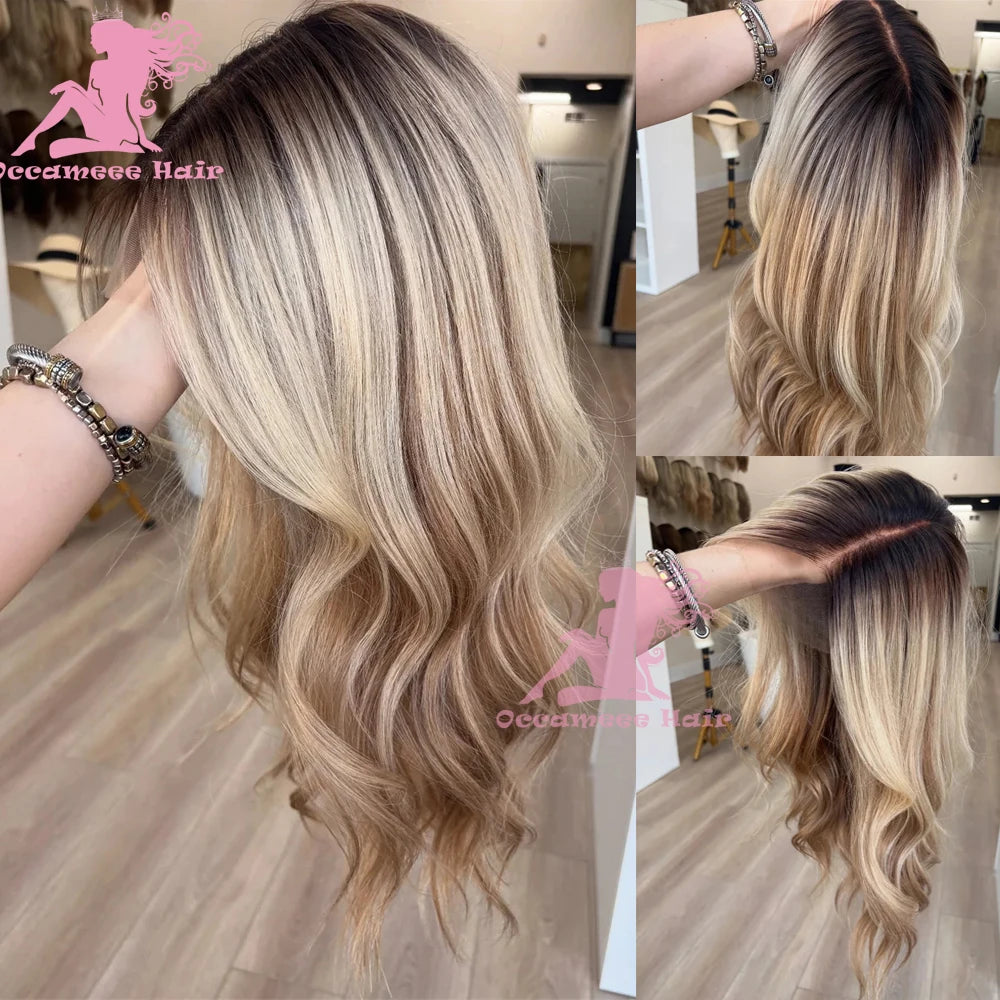Lace Front Human Hair Wig Body Wave Ombre Ash Brown Blonde Highlight Lace Frontal Wig Women's Wig Dark Roots Colored Human Hair