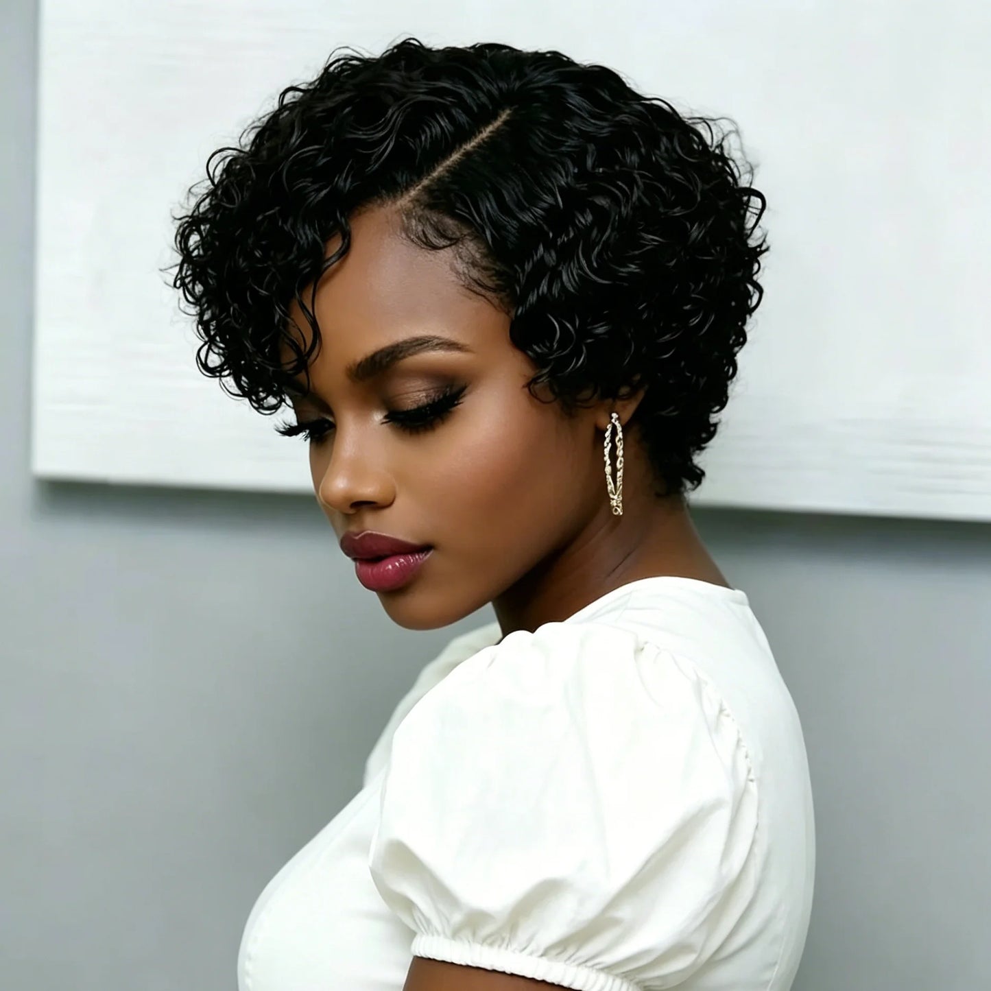 13x4x1 Lace Frontal Human Hair Wig Slide Part Pixie Cut Short Kinky Curly Female Hairpiece for Quick Ship