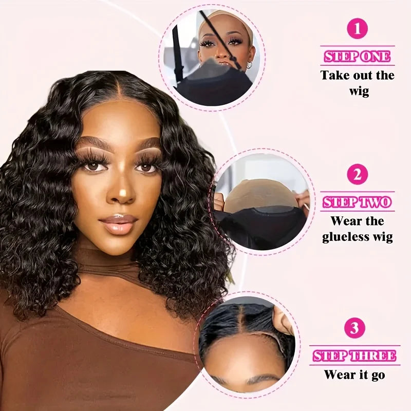 13X4 Lace Front Wig, Real Human Hair, 150% Density, Glue-Free, Ready-To-Wear, Deep Wave/Curly Bob, Versatile and Suitable for Multiple Occasions