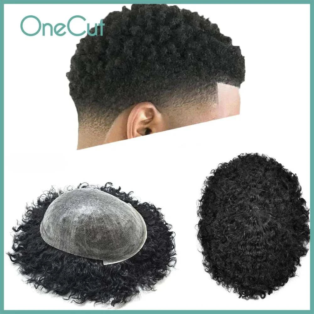 Men's Injection SKIN Full PU 4mm-25mm Afro Curl Human Hair Toupee for Men