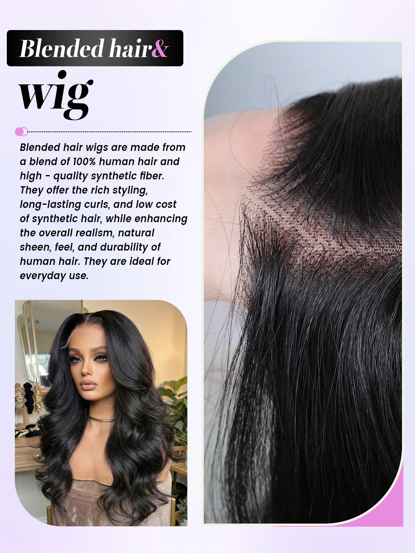 Lace Front Wig Blended Human Hair Synthetic Mix Natural Black Long  Hairpieces For Black Women Beginner Friendly Daily Wear