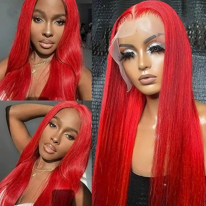 Red Human Hair Wigs Straight Lace Front Wigs HD Lace Frontal Wigs 30 Inch Long Wig