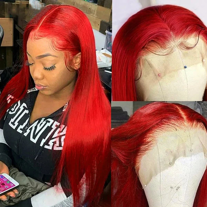Red Human Hair Wigs Straight Lace Front Wigs HD Lace Frontal Wigs 30 Inch Long Wig