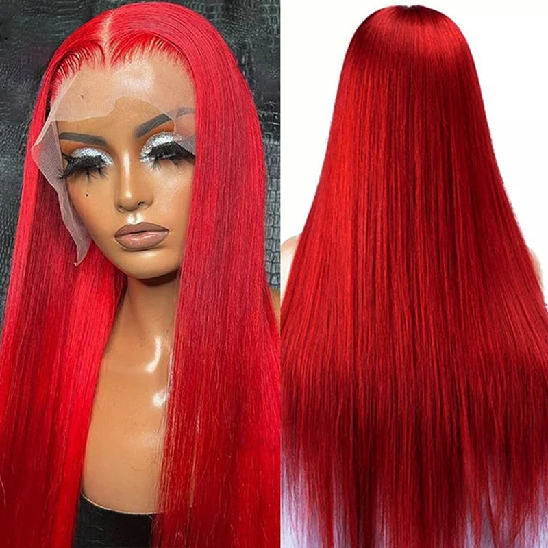 Red Human Hair Wigs Straight Lace Front Wigs HD Lace Frontal Wigs 30 Inch Long Wig